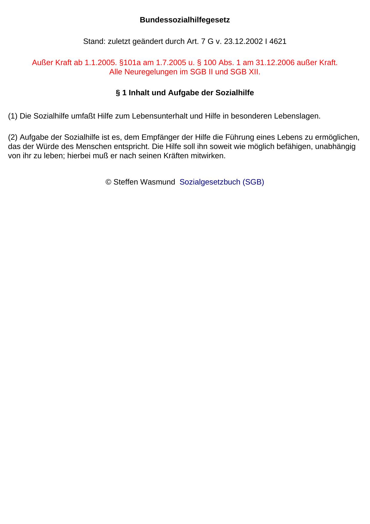 Bundessozialhilfegesetz BSHG