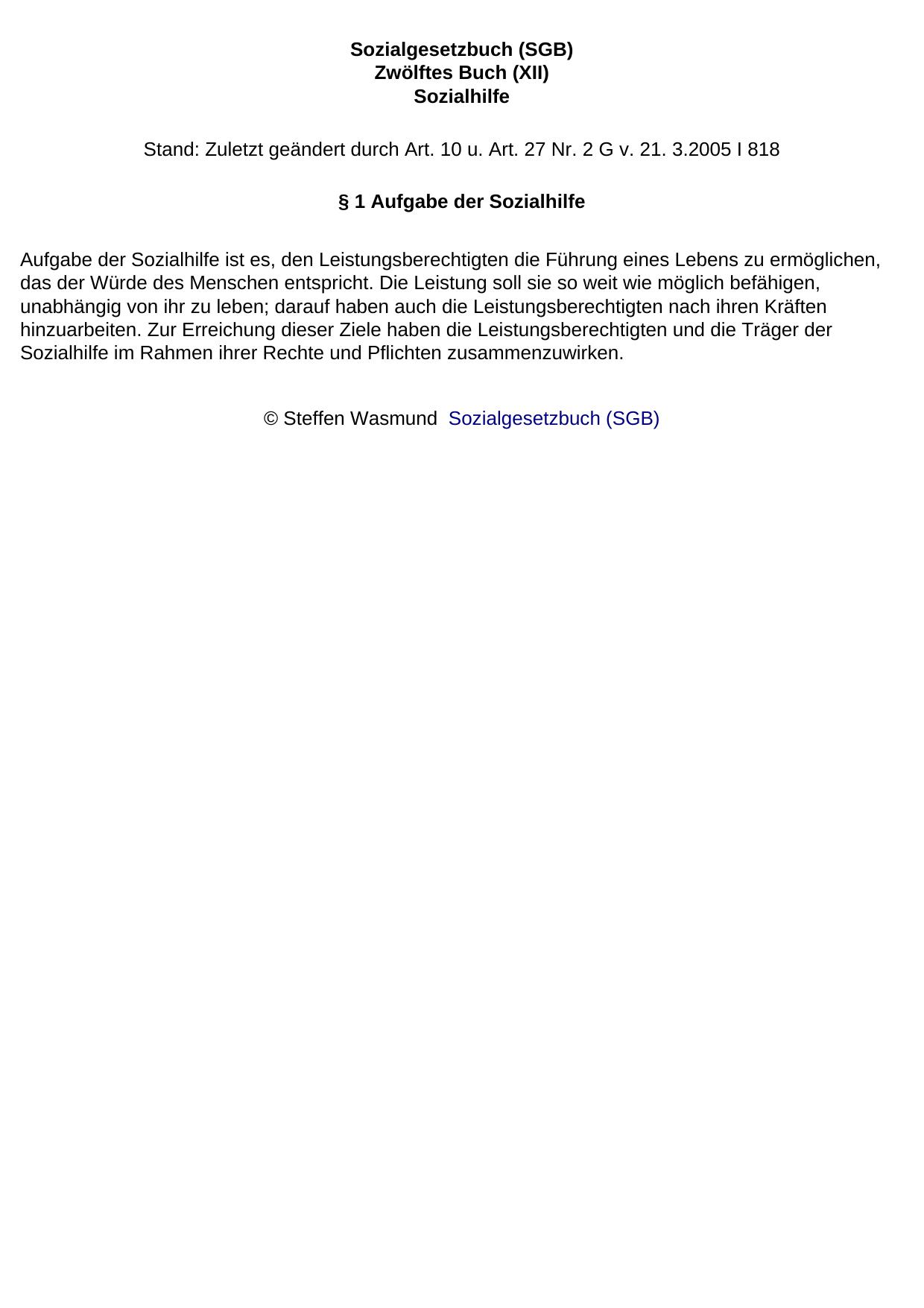 Sozialgesetzbuch (SGB) Zwölftes Buch (XII) Sozialhilfe