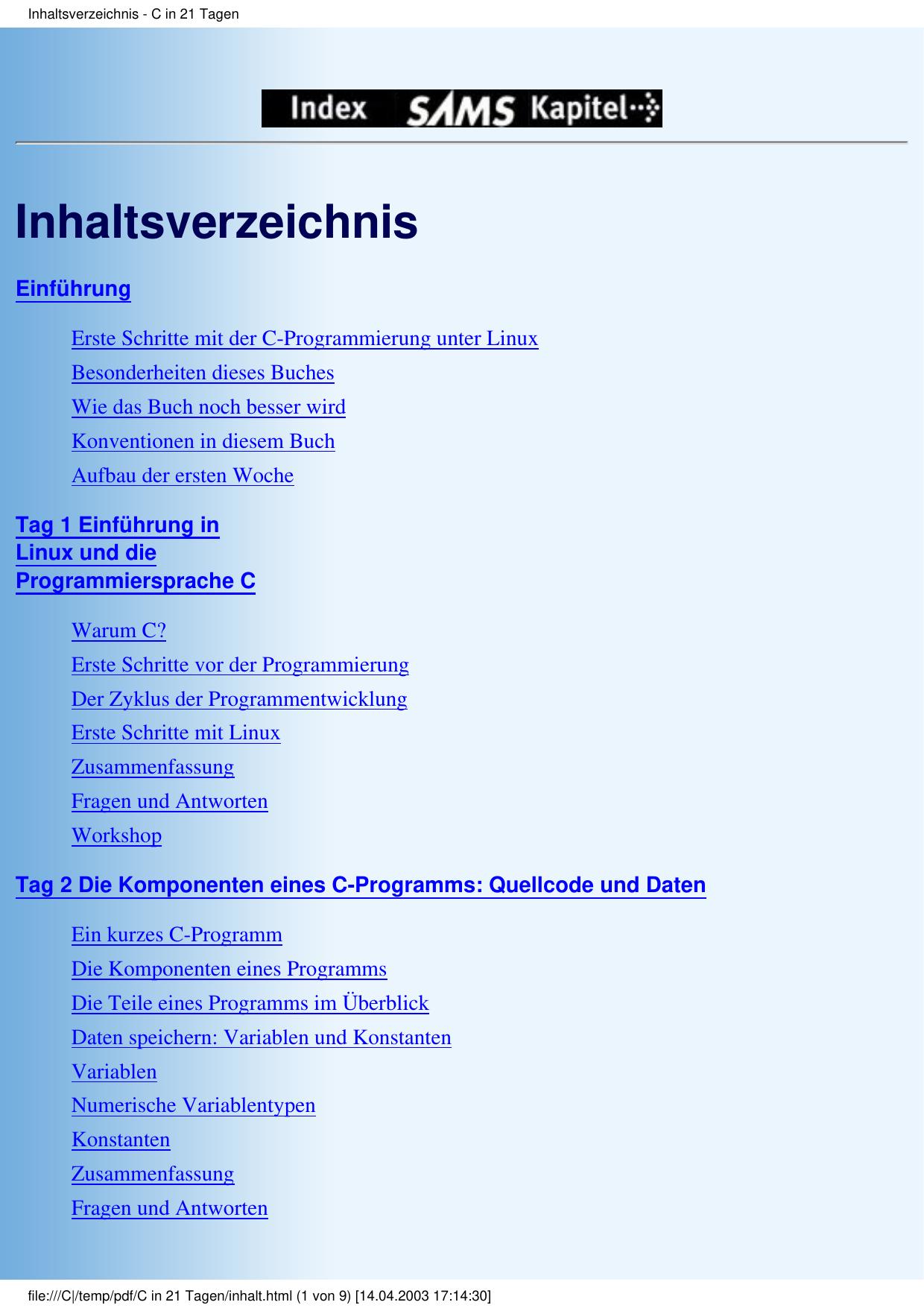 Inhaltsverzeichnis - C in 21 Tagen