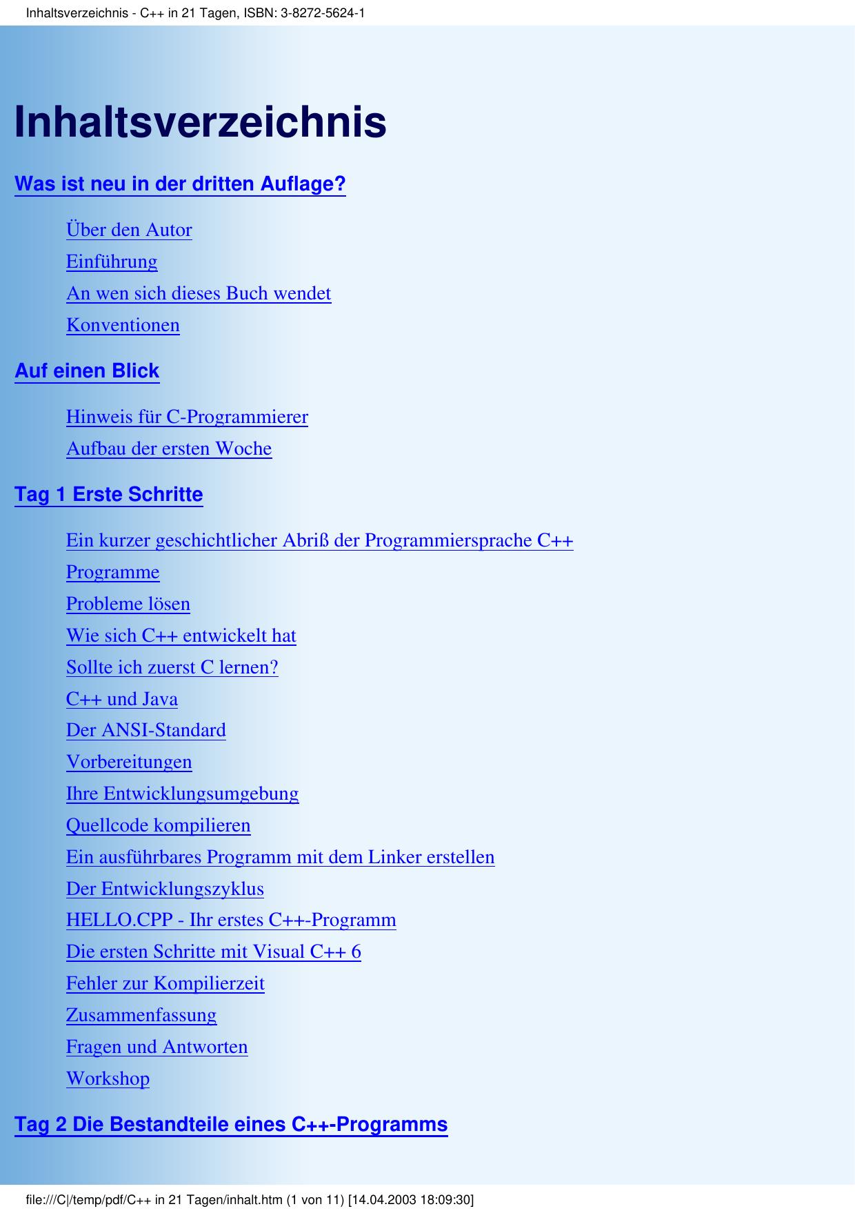 Inhaltsverzeichnis - C++ in 21 Tagen, ISBN: 3-8272-5624-1