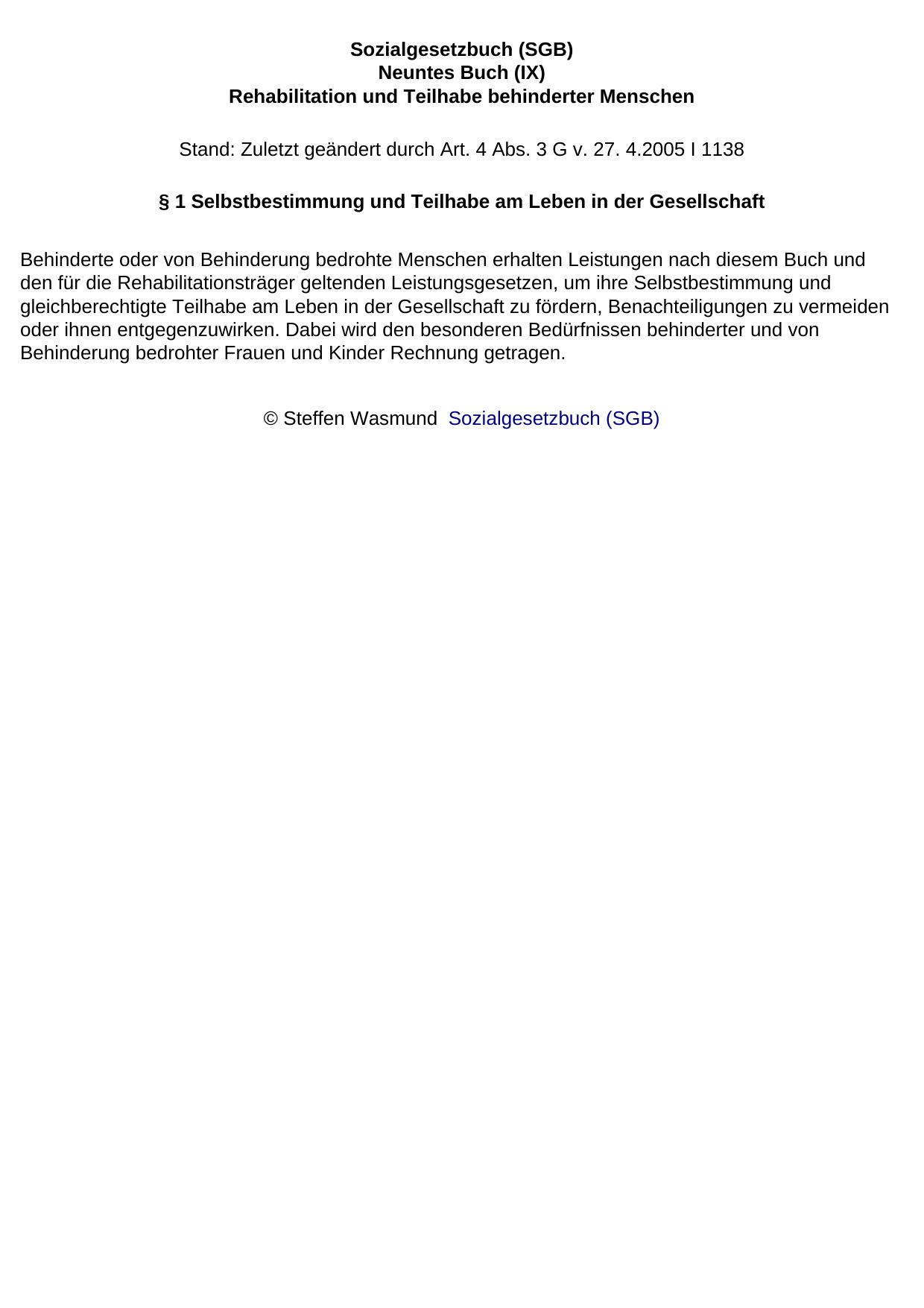 Sozialgesetzbuch (SGB) Neuntes Buch (IX) Rehabilitation und Teilhabe behinderter Menschen