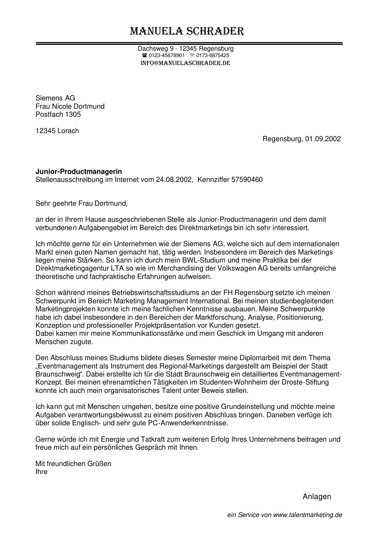 Beispiel: Bewerbung BWL-Studentin