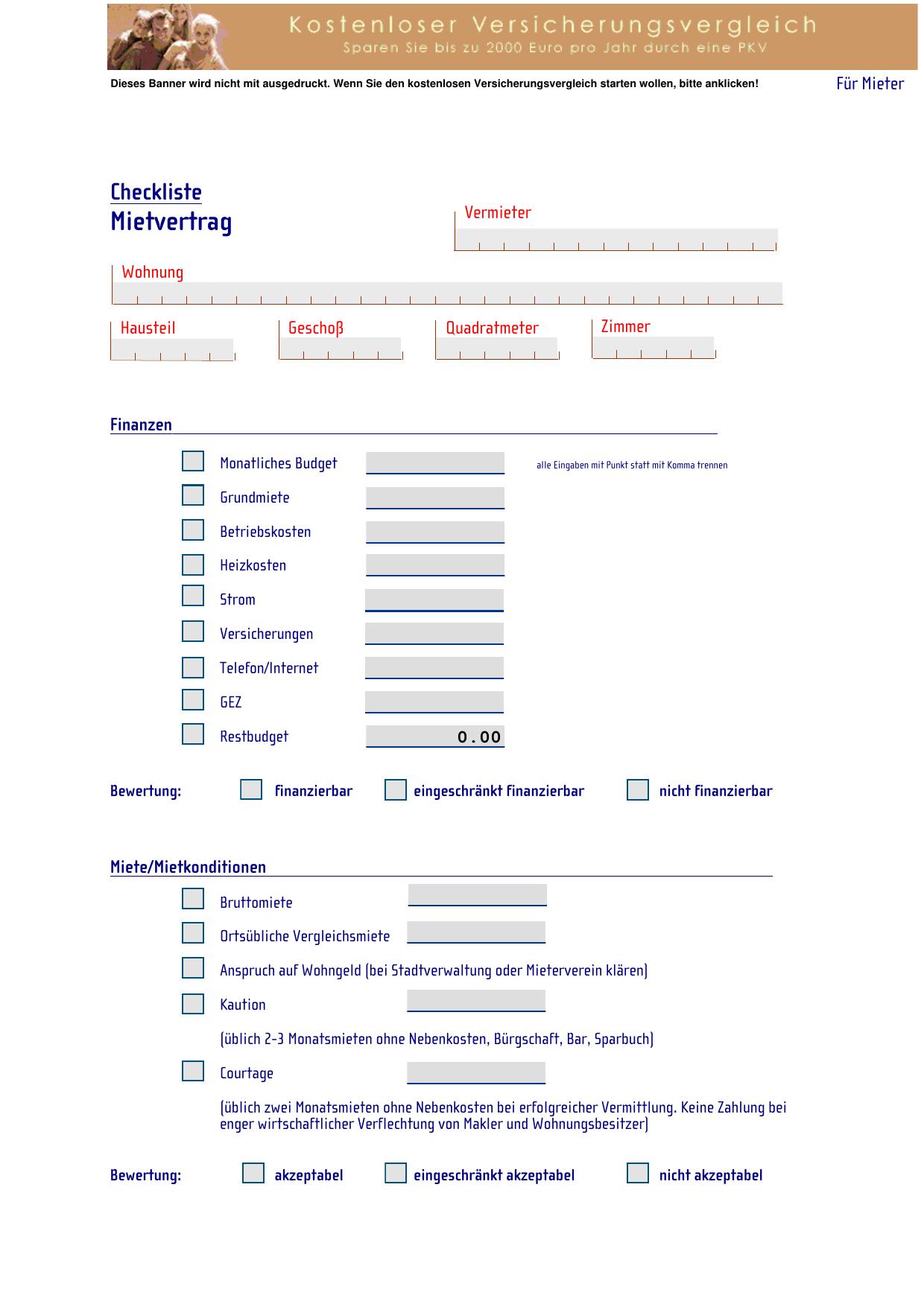 Checkliste Mietvertrag f. Mieter