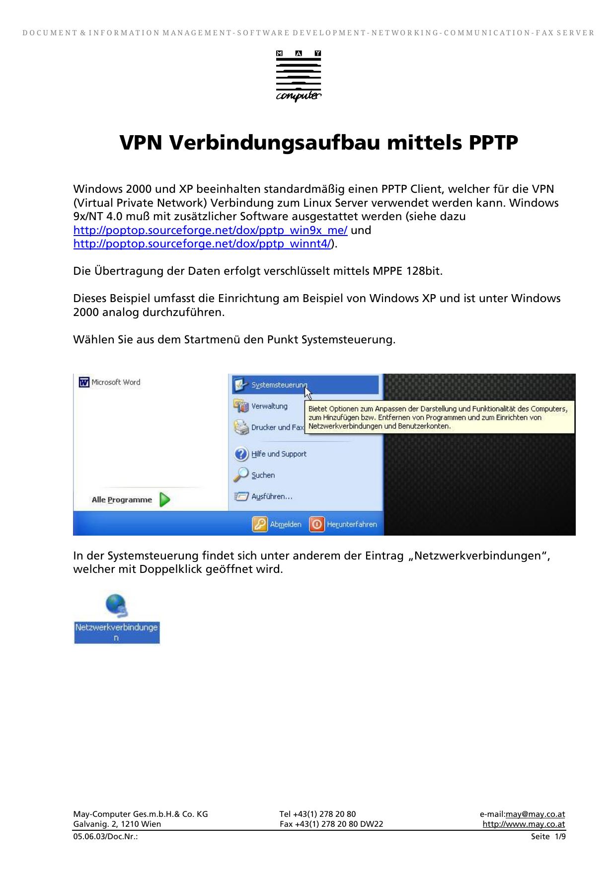 VPN Verbindungsaufbau mittels PPTP