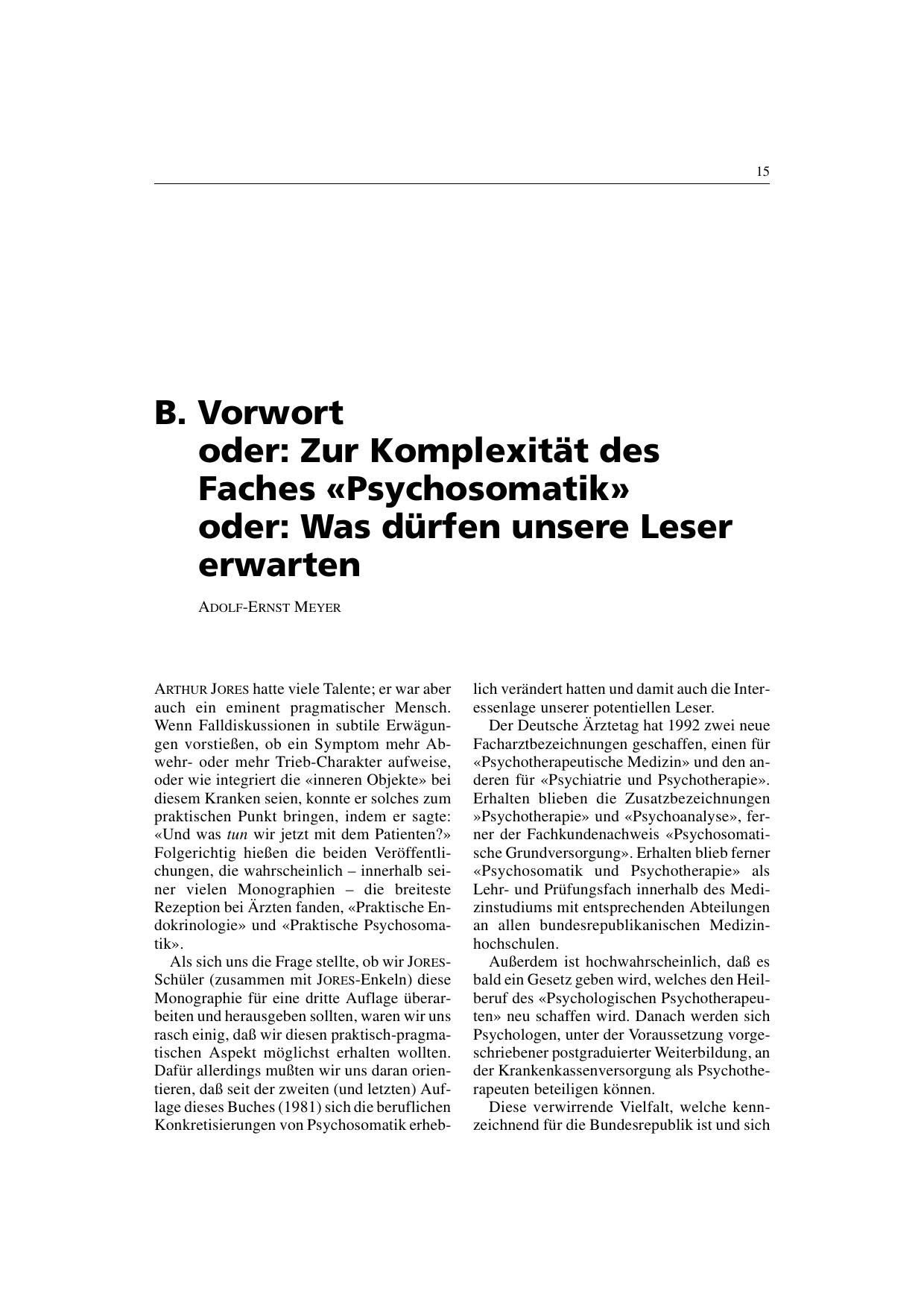 A.-E. Meyer, H. Freyberger, M. v. Kerekjarto, R. Liedtke & H. Speidel (Hrsg.): Jores Praktische Psychosomatik