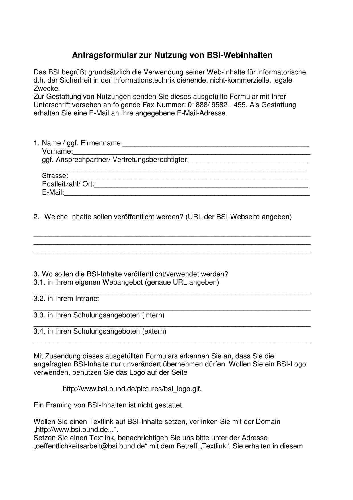 Antragsformular zur Nutzung von BSI-Webinhalten