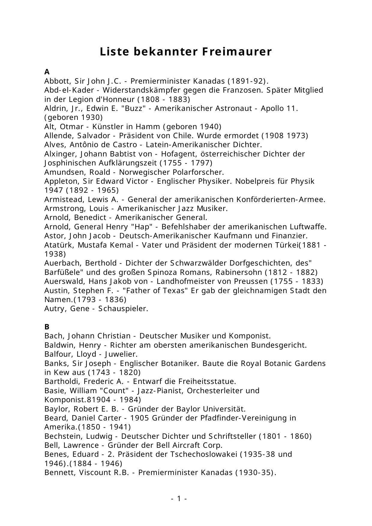 Liste bekannter Freimaurer