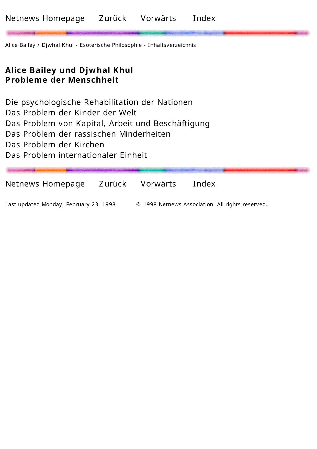 Netnews Association; Bailey/Khul - Esoterische Philosophie - Inhaltsverzeichnis